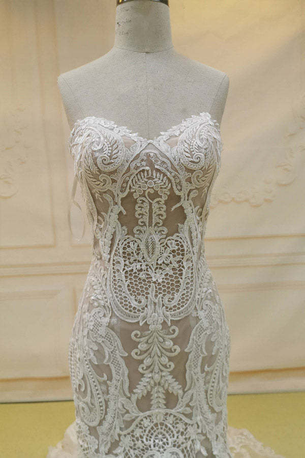 Mermaid Sweetheart Lace Tulle Long Wedding Dress With Champel Train