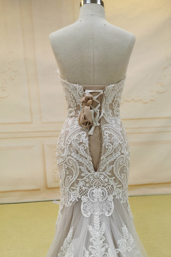 Mermaid Sweetheart Lace Tulle Long Wedding Dress With Champel Train