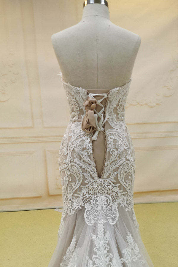Mermaid Sweetheart Lace Tulle Long Wedding Dress With Champel Train