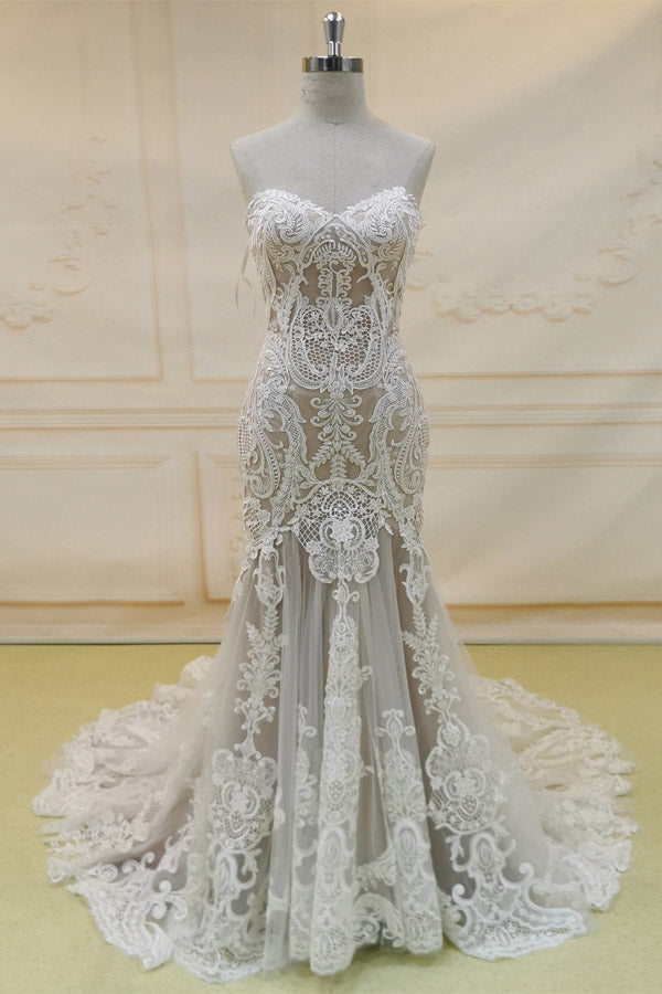 Mermaid Sweetheart Lace Tulle Long Wedding Dress With Champel Train