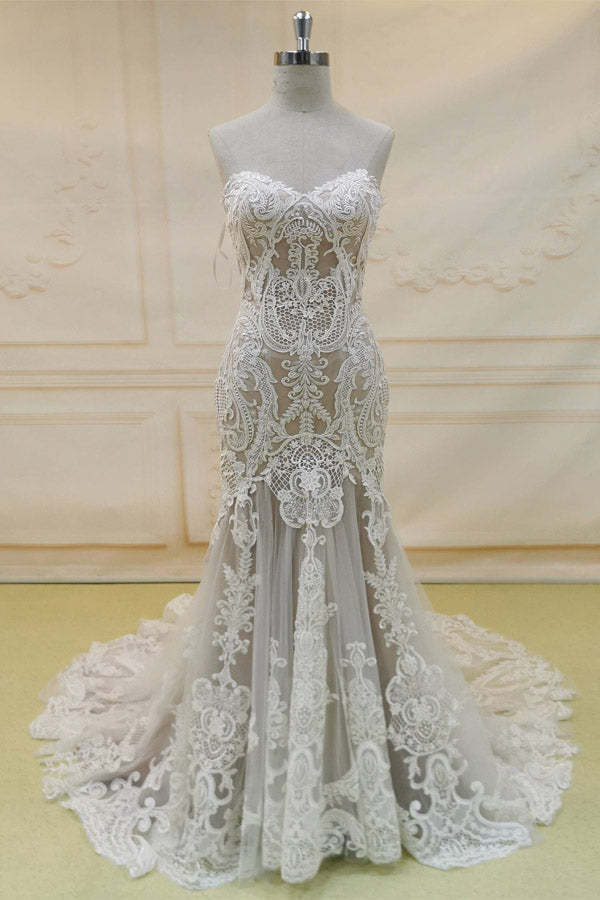 Mermaid Sweetheart Lace Tulle Long Wedding Dress With Champel Train