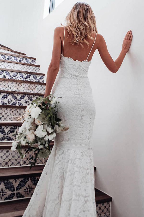 Mermaid Thin Straps Lace Wedding Dress With Sweep Train WW270