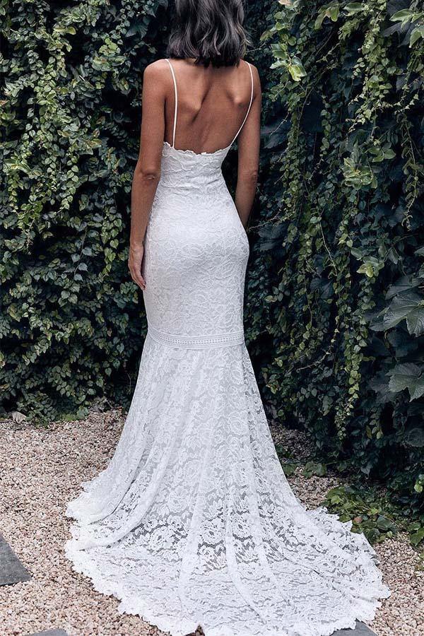 Mermaid Thin Straps Lace Wedding Dress With Sweep Train WW270