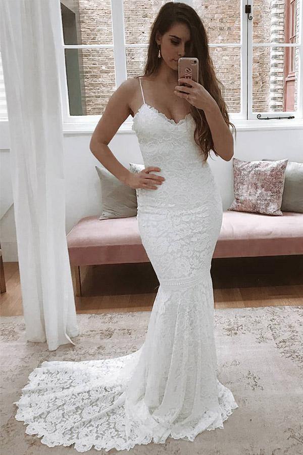 Mermaid Thin Straps Lace Wedding Dress With Sweep Train WW270