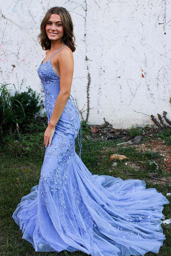 Mermaid Tulle Straps Lace Up Prom Dresses With Appliques