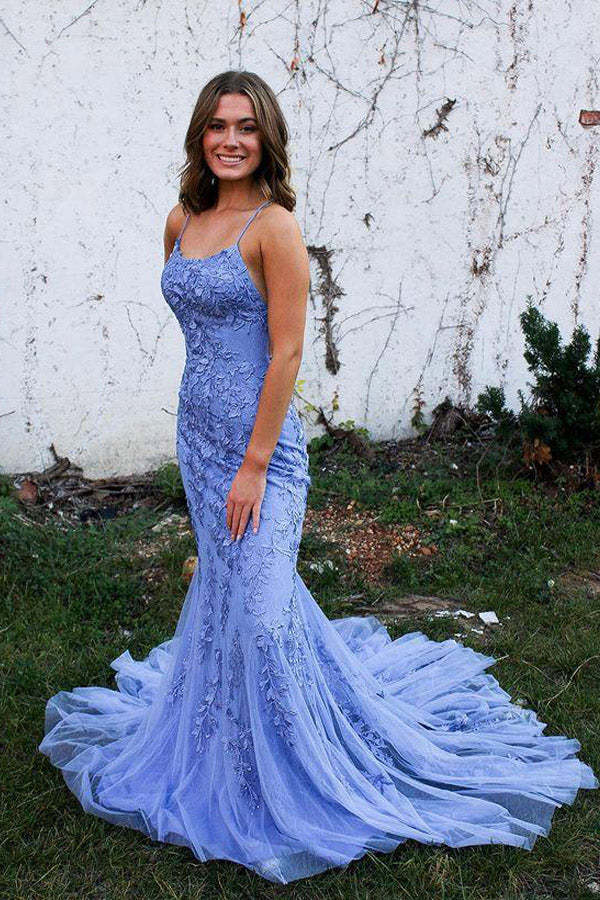 Mermaid Tulle Straps Lace Up Prom Dresses With Appliques