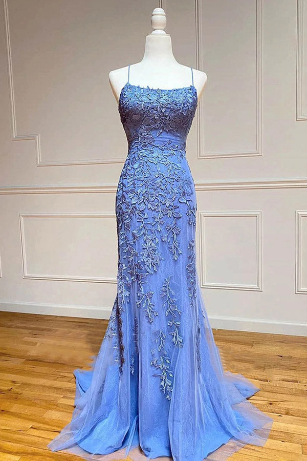 Mermaid Tulle Straps Lace Up Prom Dresses With Appliques