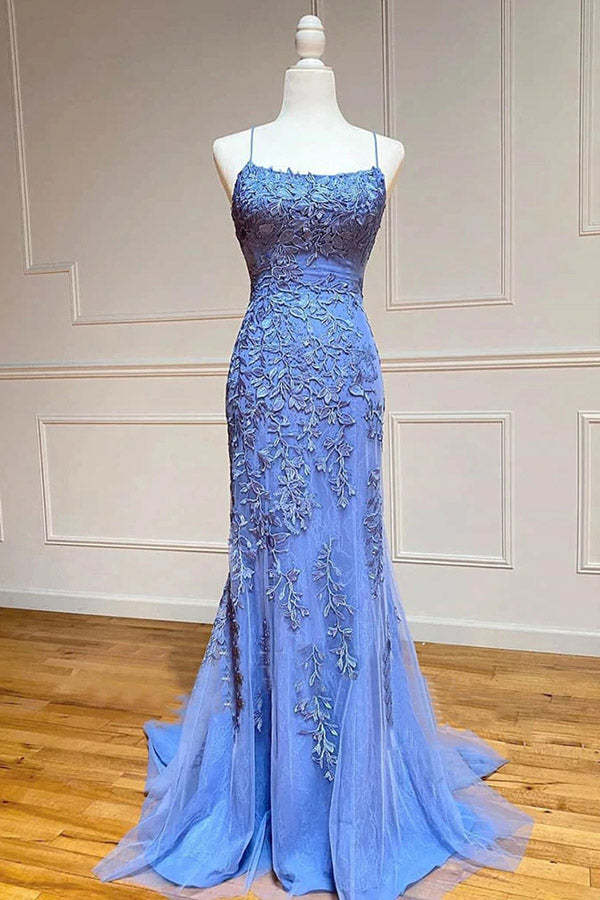 Mermaid Tulle Straps Lace Up Prom Dresses With Appliques