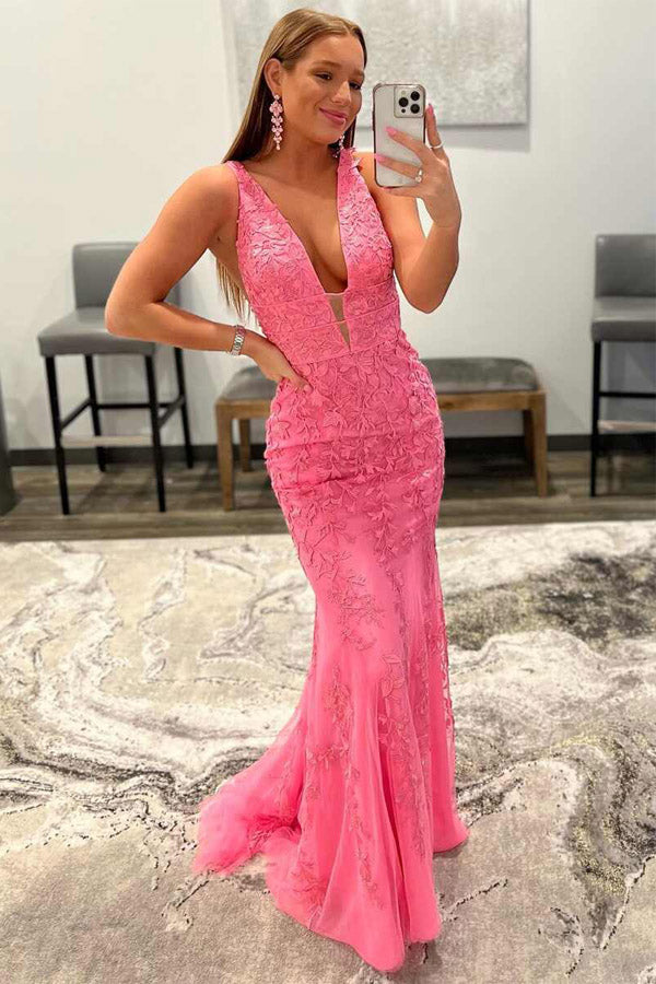 Mermaid V Neck Red Lace Long Prom Dress