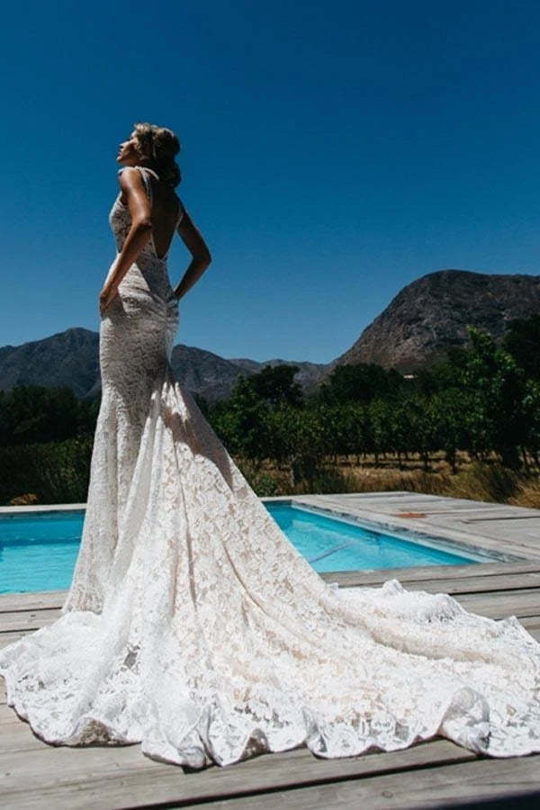 Mermaid V-neck Rose Lace Wedding Dress With Pocket