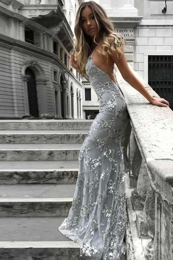 Mermaid V Neck Sequins Long Prom Dress Mermaid Evening Dress