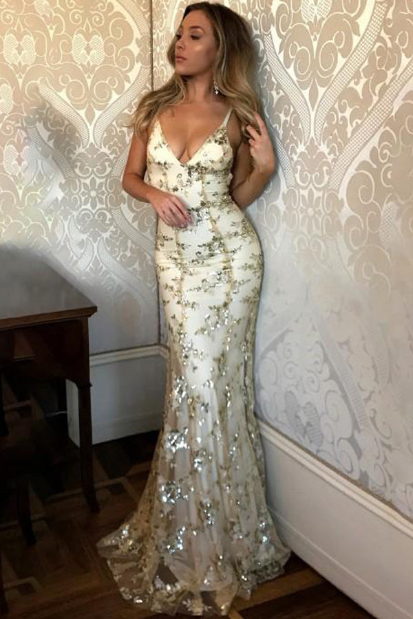Mermaid V Neck Backless Prom Dress Sequins Evening Dress