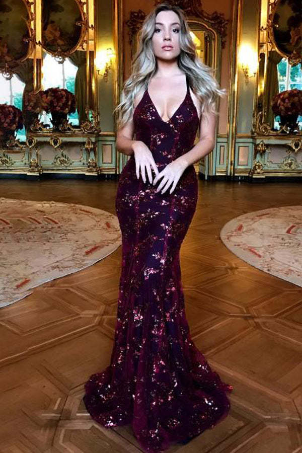 Mermaid V Neck Sequins Long Prom Dress Mermaid Evening Dress