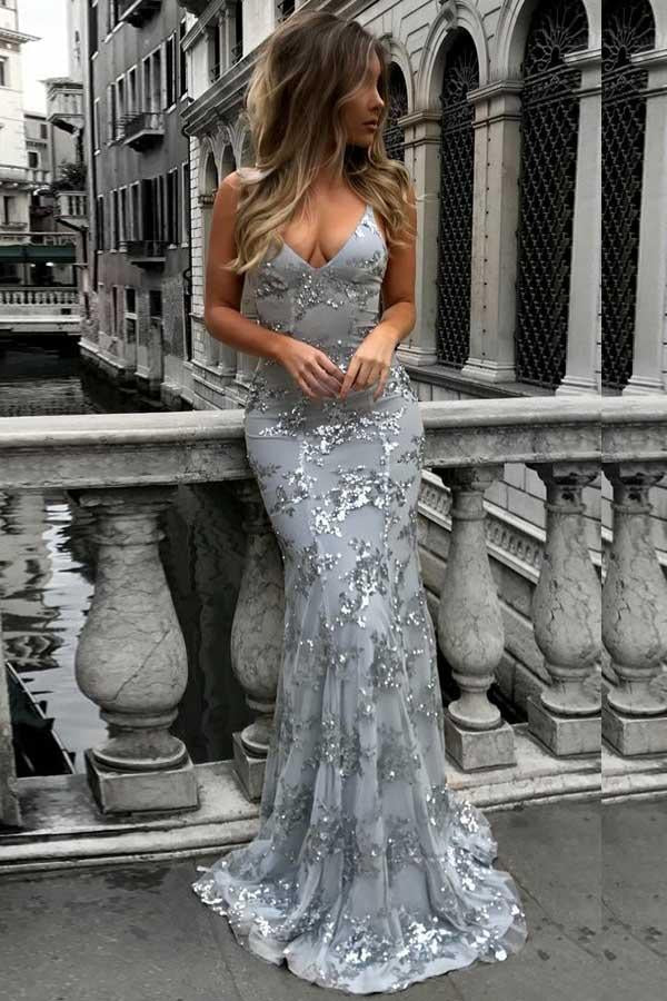 Mermaid V Neck Sequins Long Prom Dress Mermaid Evening Dress
