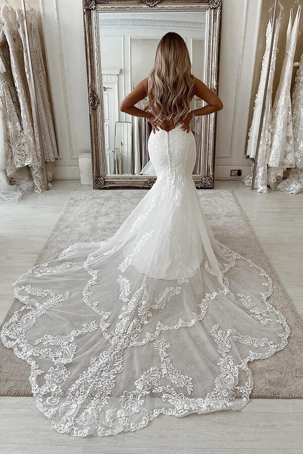 Mermaid Ivory Lace Wedding Dress Backless Bridal Gown