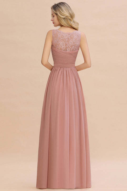 Modest Floral Lace A-line Bridesmaid Dress V-Neck Floor Length Ruched Chiffon Wedding Guest Dress - Prom Dresses
