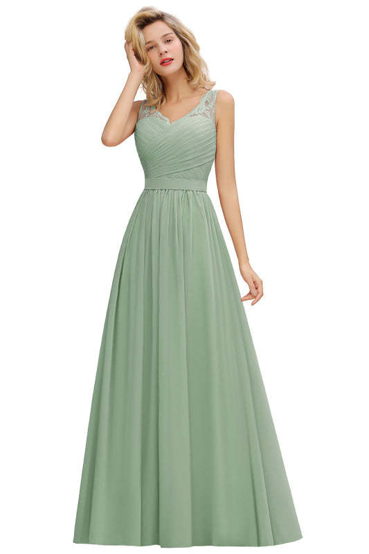 Modest Floral Lace A-line Bridesmaid Dress V-Neck Floor Length Ruched Chiffon Wedding Guest Dress - Dusty Sage / US 2 - Prom Dresses