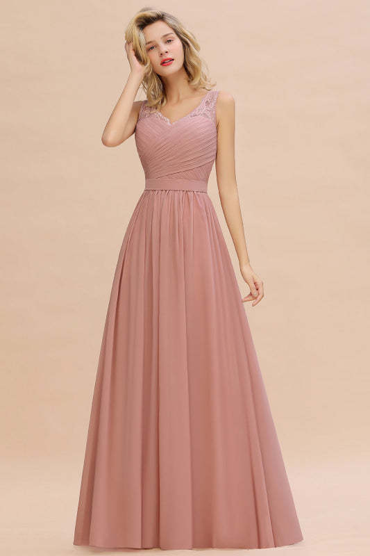 Modest Floral Lace A-line Bridesmaid Dress V-Neck Floor Length Ruched Chiffon Wedding Guest Dress - Prom Dresses