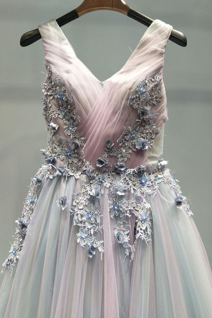 Modest Ombre Tulle Long Prom Dress With Lace Appliques