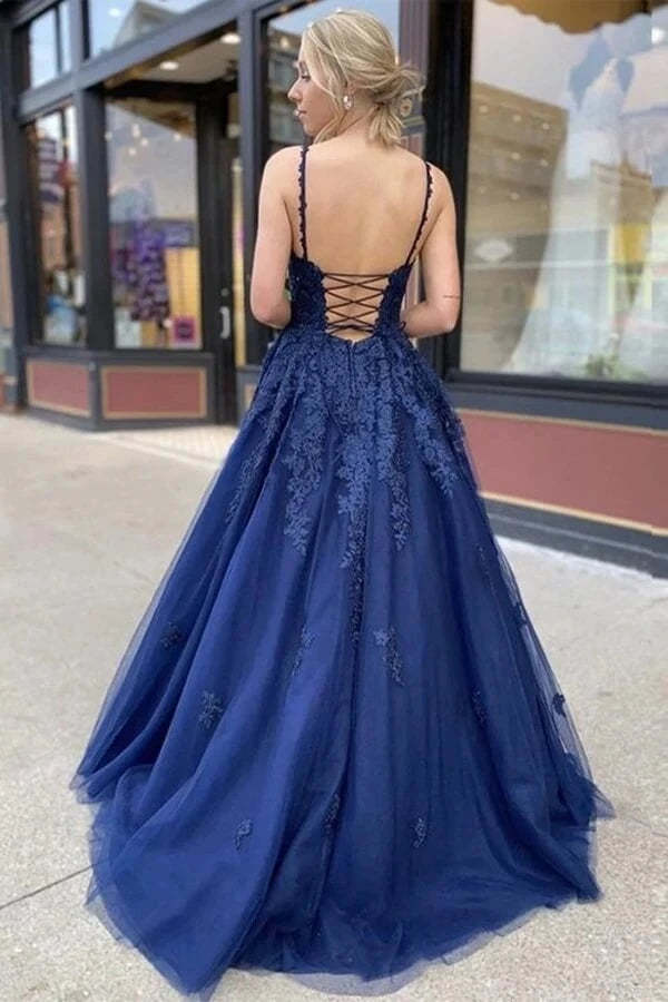 Navy Blue Tulle Long Prom Dress Long Evening Dress