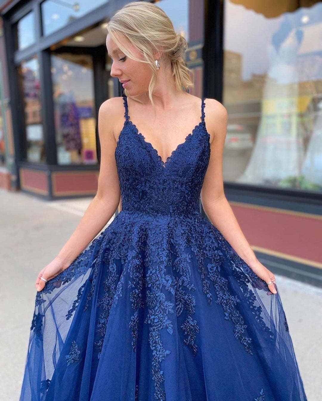 Navy Blue Tulle Long Prom Dress Long Evening Dress