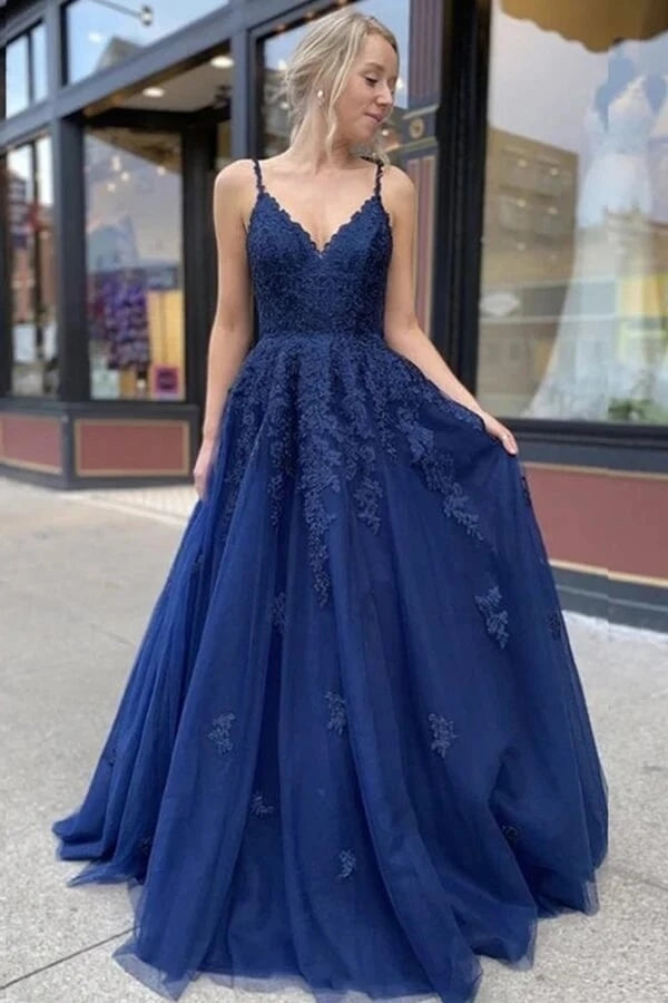 Navy Blue Tulle Long Prom Dress Long Evening Dress