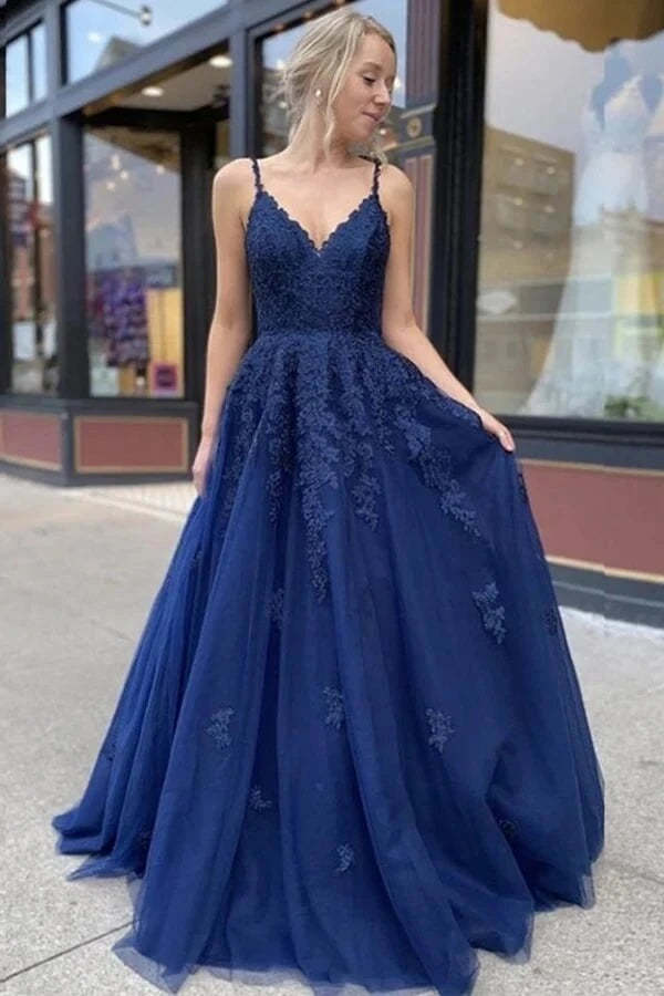 Navy Blue Tulle Long Prom Dress Long Evening Dress