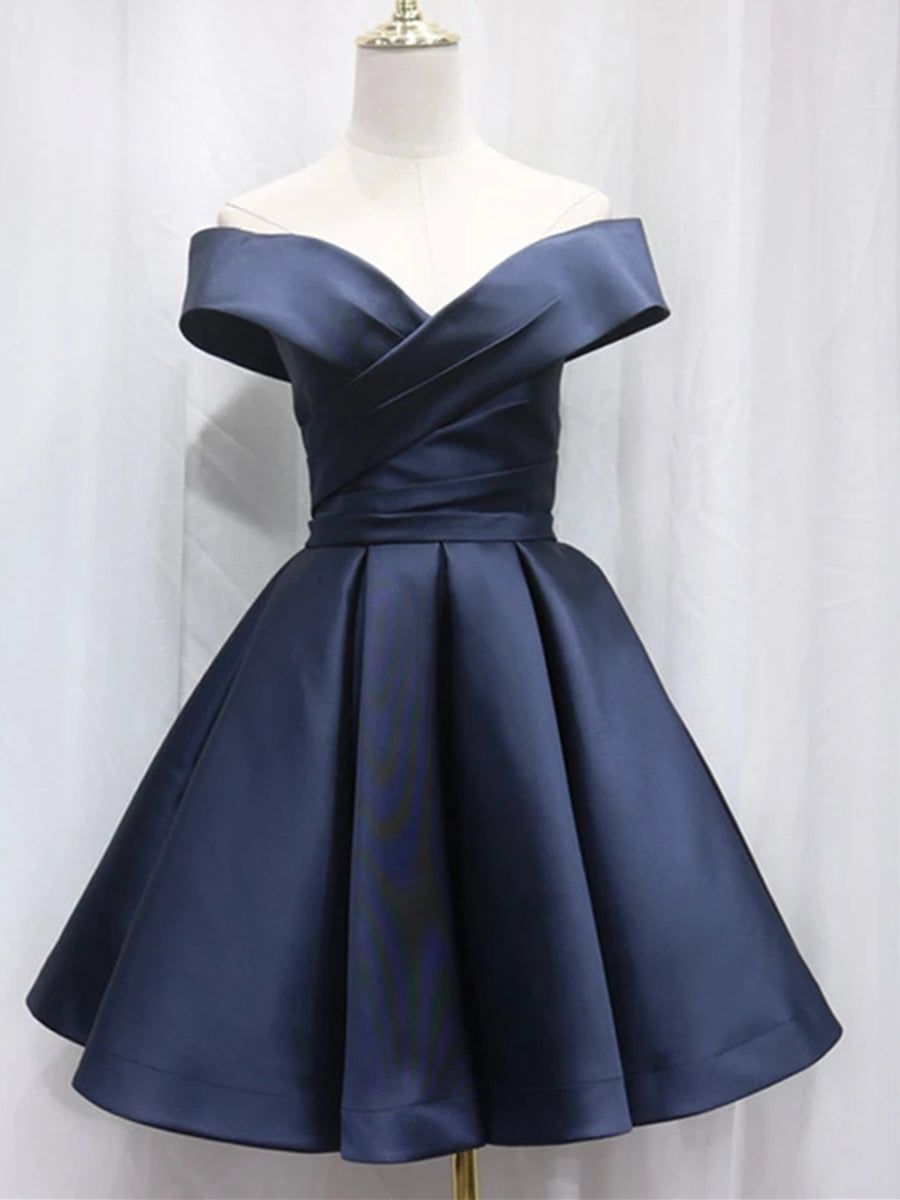 Off Shoulder Blue Satin Short Prom Dresses, Off the Shoulder Blue Formal Graduation Homecoming Dresses