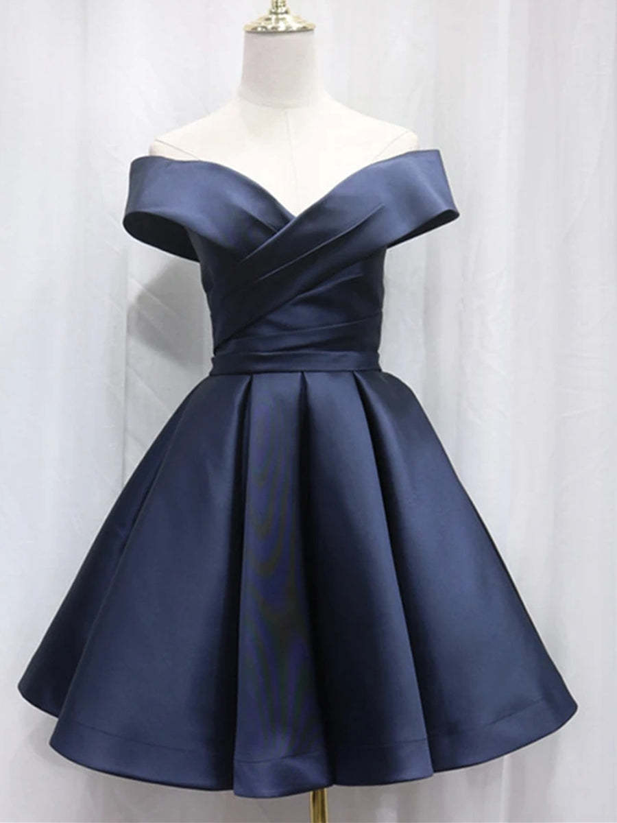 Off Shoulder Blue Satin Short Prom Dresses, Off the Shoulder Blue Formal Graduation Homecoming Dresses
