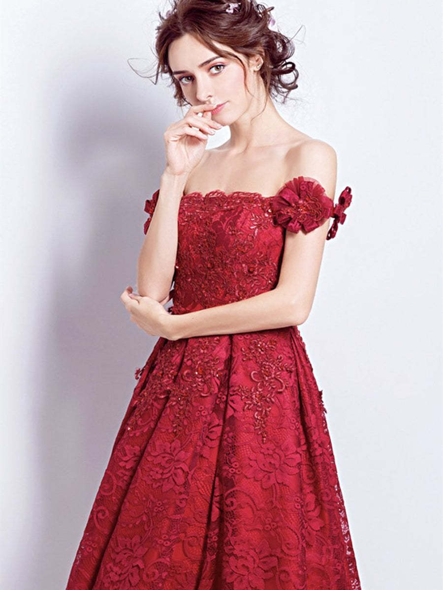 Off Shoulder Burgundy Lace Short Prom Homecoming Dresses, Burgundy Lace Formal Graduation Evening Dresses, Burgundy Cocktail Dresses