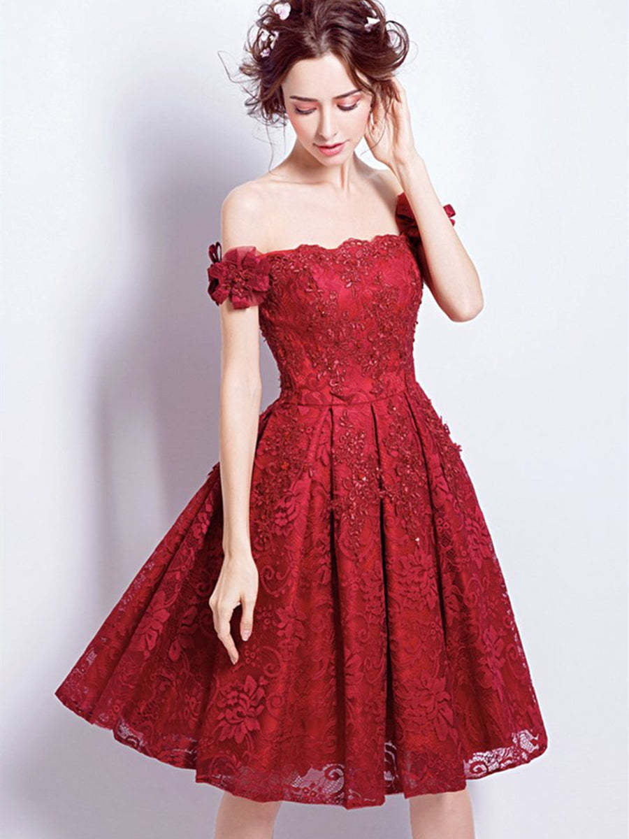 Off Shoulder Burgundy Lace Short Prom Homecoming Dresses, Burgundy Lace Formal Graduation Evening Dresses, Burgundy Cocktail Dresses