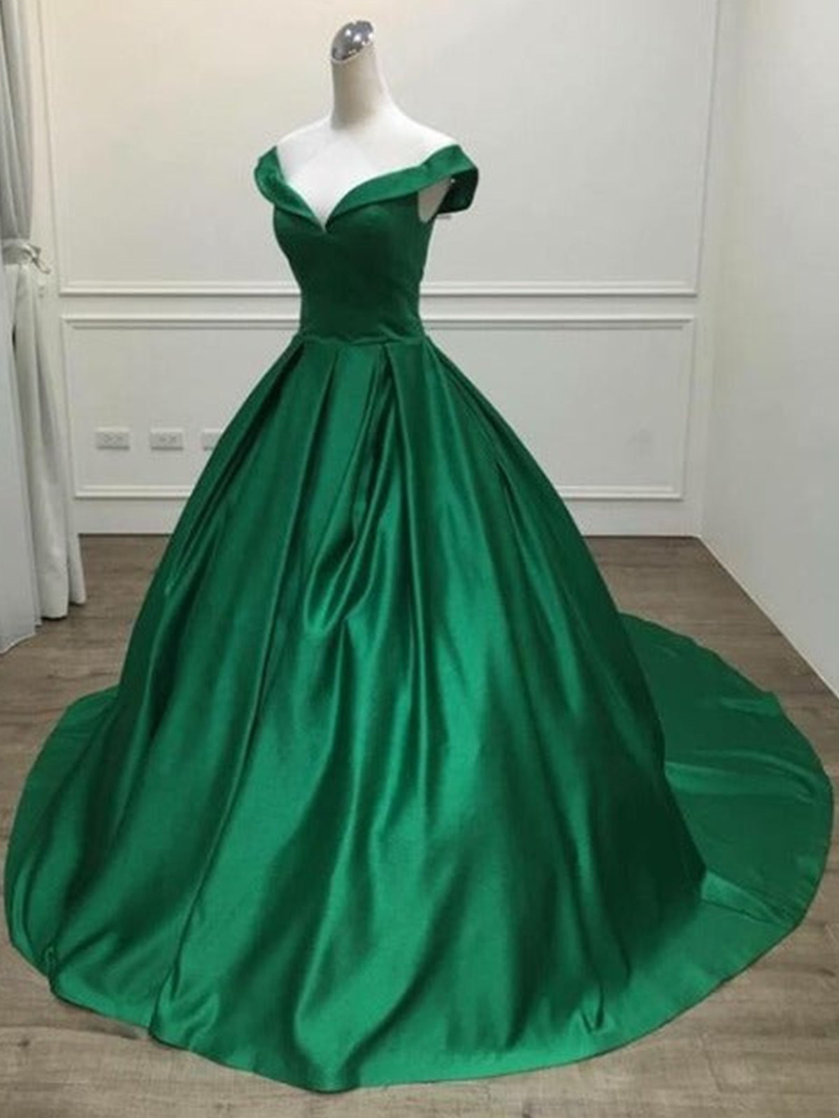 Off Shoulder Green Satin Long Prom Dresses with Train, Off the Shoulder Green Formal Evening Dresses