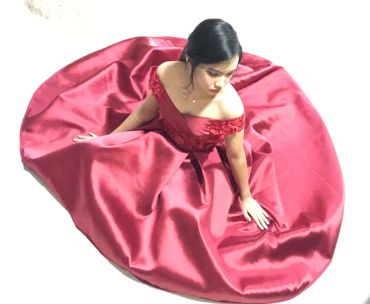 Off Shoulder High Low Satin Lace Burgundy Prom Dresses with Appliques, Burgundy Lace Formal Dresses, Homecoming Dresses, Graduation Dresses