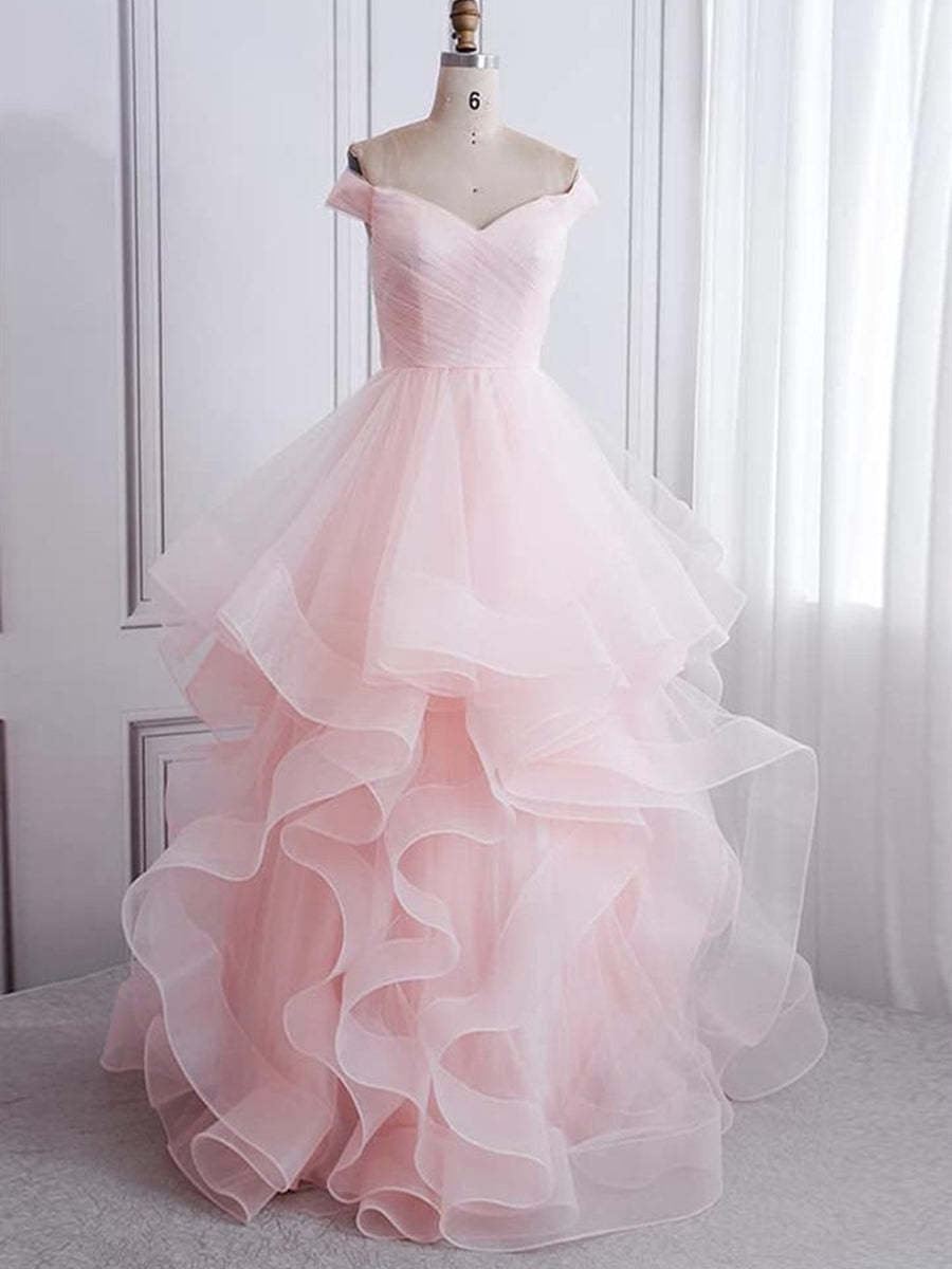 Off Shoulder Pink Long Prom Dresses, Fluffy Pink Formal Evening Dresses, Ball Gown