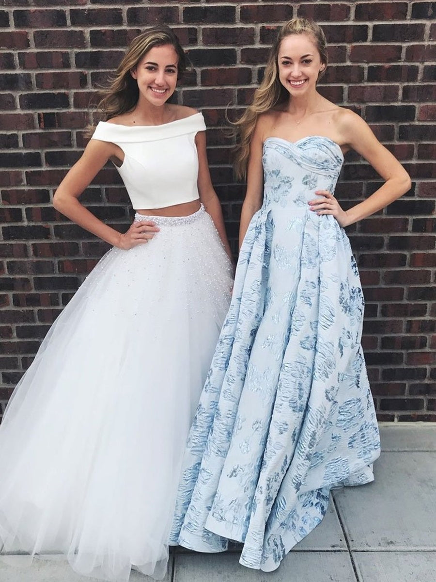 Off Shoulder Two Pieces Beaded Long White Prom Dresses with Beading, Off Shoulder White Formal Dresses, Two Pieces White Evening Dresses