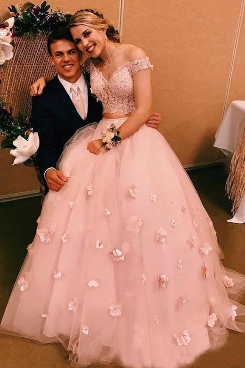 Off the Shoulder 2 Pieces Pink Lace Prom Dresses with 3D Flowers, Off Shoulder Pink Lace Formal Dresses, Two Pieces Pink Lace Evening Dresses