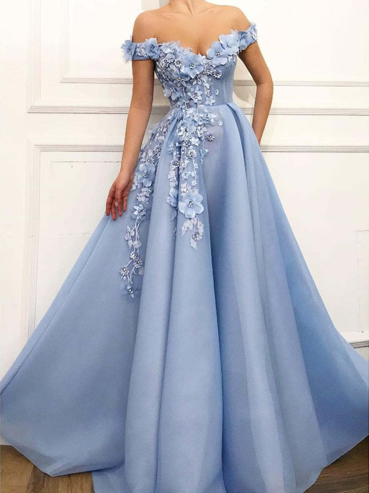 Off the Shoulder Blue Lace Floral Prom Dresses Long, Off Shoulder Blue 3D Flowers Long Formal Evening Dresses