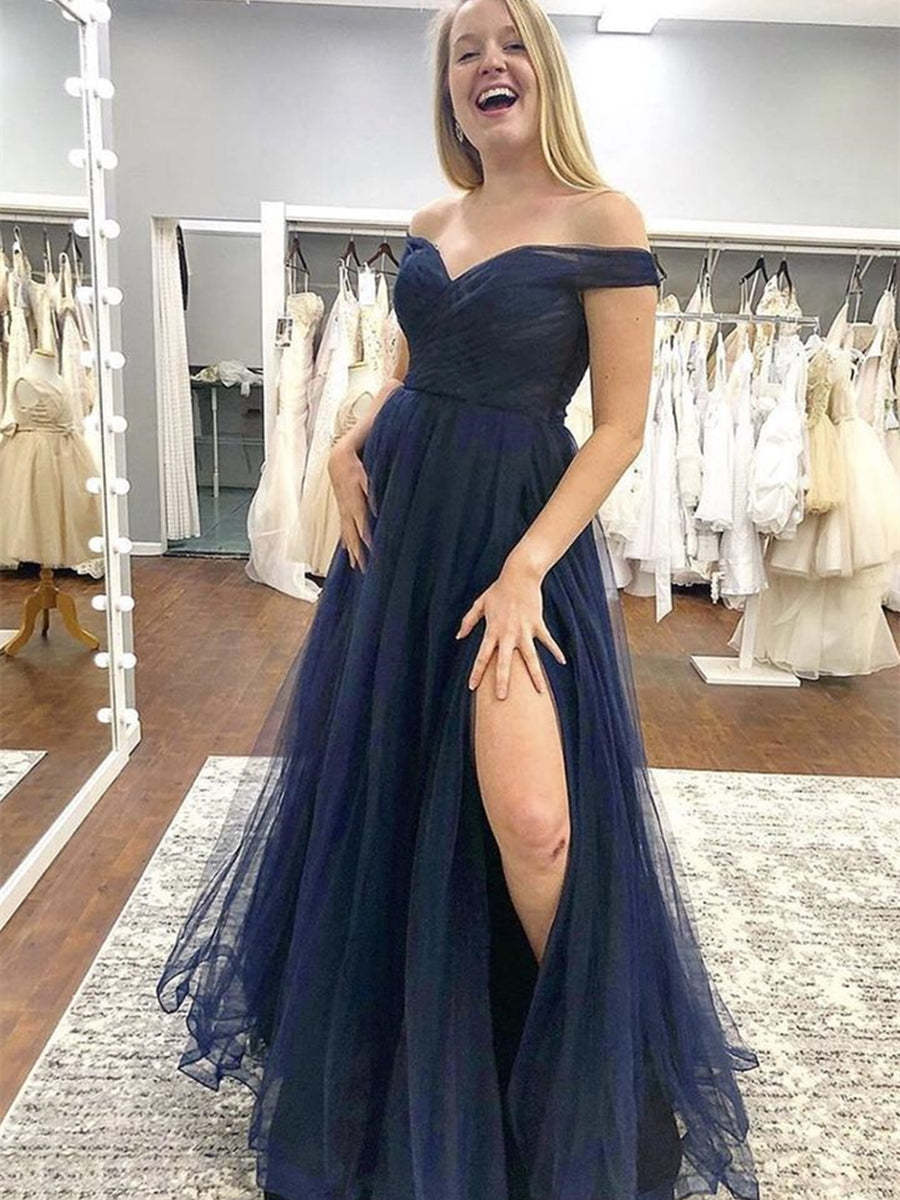 Off the Shoulder Blue Tulle Long Prom Dresses with Slit, Off Shoulder Blue Formal Graduation Evening Dresses