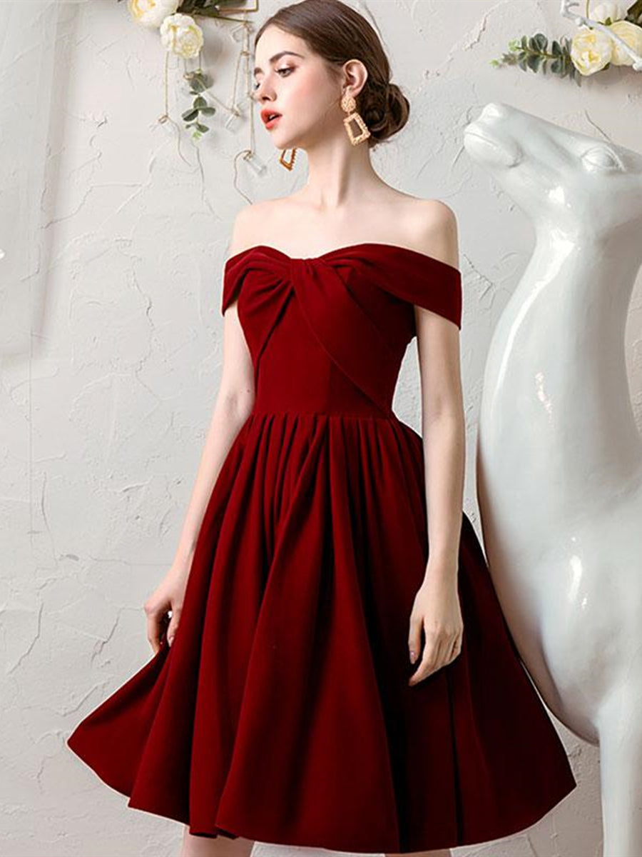 Off the Shoulder Burgundy Short Prom Dresses, Off Shoulder Burgundy Homecoming Dresses, Burgundy Formal Graduation Evening Dresses