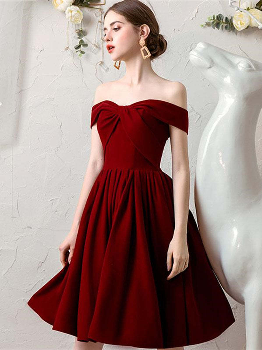 Off the Shoulder Burgundy Short Prom Dresses, Off Shoulder Burgundy Homecoming Dresses, Burgundy Formal Graduation Evening Dresses