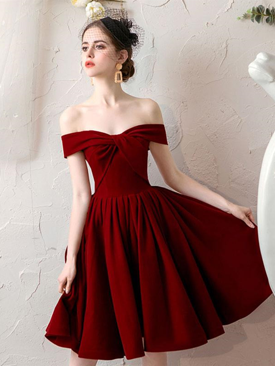 Off the Shoulder Burgundy Short Prom Dresses, Off Shoulder Burgundy Homecoming Dresses, Burgundy Formal Graduation Evening Dresses