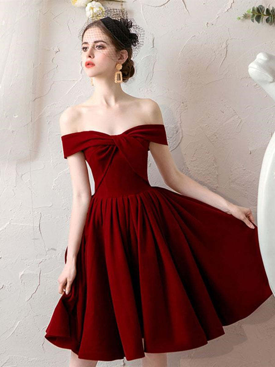 Off the Shoulder Burgundy Short Prom Dresses, Off Shoulder Burgundy Homecoming Dresses, Burgundy Formal Graduation Evening Dresses