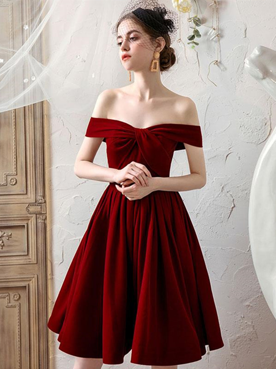 Off the Shoulder Burgundy Short Prom Dresses, Off Shoulder Burgundy Homecoming Dresses, Burgundy Formal Graduation Evening Dresses