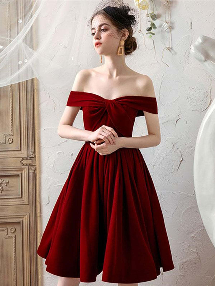 Off the Shoulder Burgundy Short Prom Dresses, Off Shoulder Burgundy Homecoming Dresses, Burgundy Formal Graduation Evening Dresses