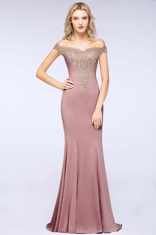 Off-the-Shoulder Formal Gown Gold Lace Applique Floor Length Mermaid Evneing Dress - Dusty Rose / US 2 - Prom Dresses