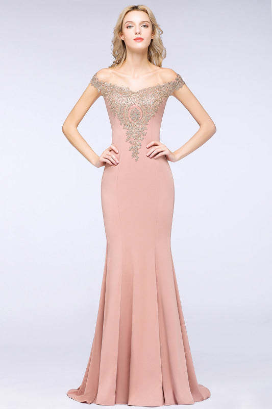 Off-the-Shoulder Formal Gown Gold Lace Applique Floor Length Mermaid Evneing Dress - Rose Gold / US 2 - Prom Dresses