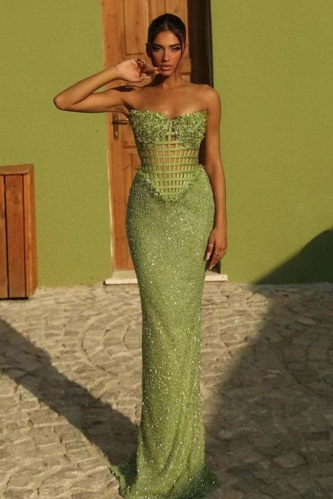 Off-the-shoulder Green Long Mermaid Prom Dress with Beadings