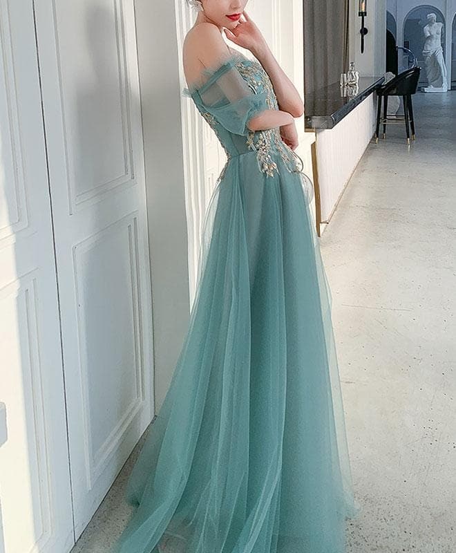 Off The Shoulder Green Tulle With Gold Lace Appliqued Prom Dresses