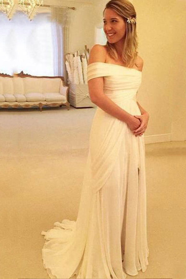 Off The Shoulder Ivory Chiffon Beach Wedding Dress