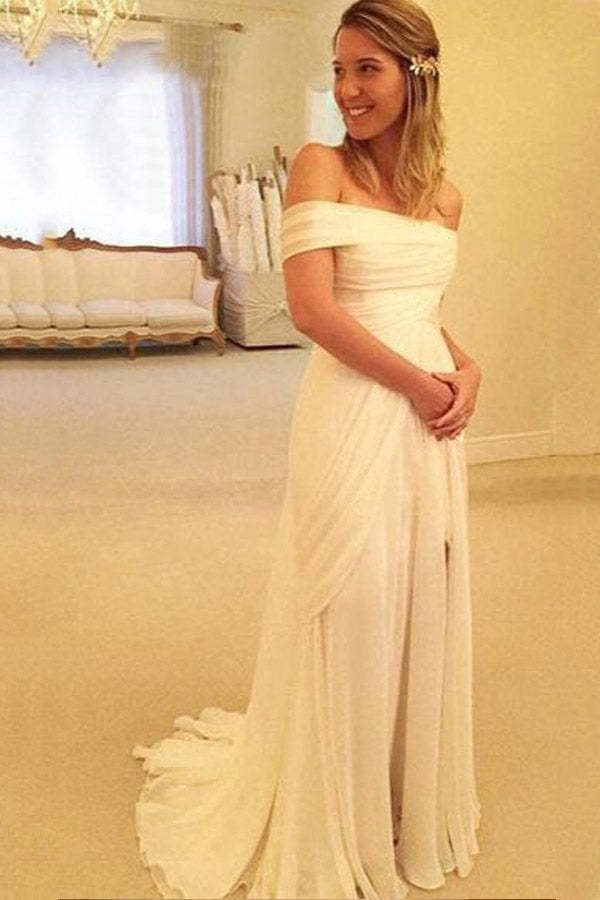 Off The Shoulder Ivory Chiffon Beach Wedding Dress